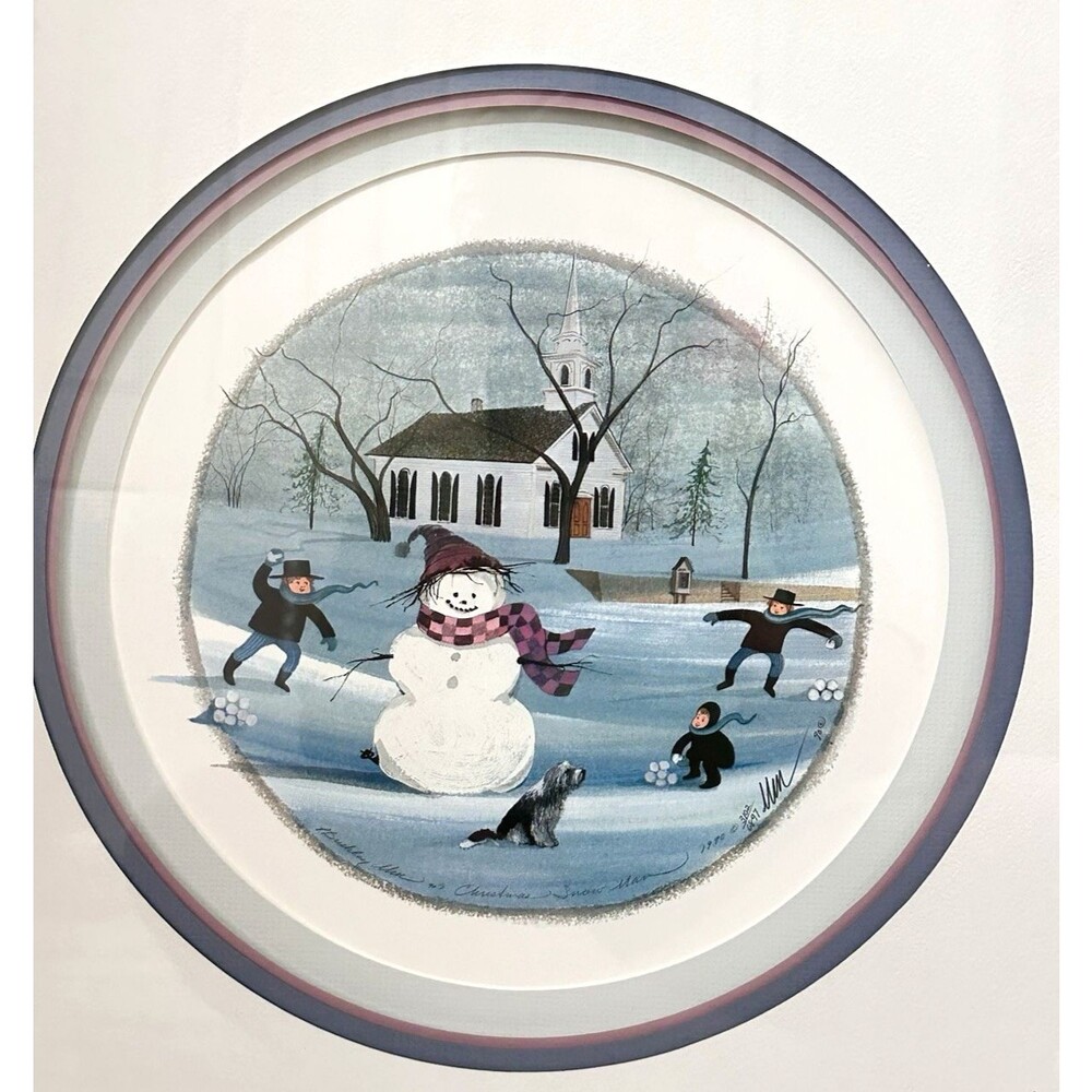 Framed P. BUCKLEY MOSS Signed Christmas Snowman Print 19x19 Cottage Americana